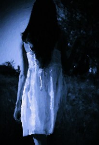 The strange mysterious girl in white dress with shoes in hand is